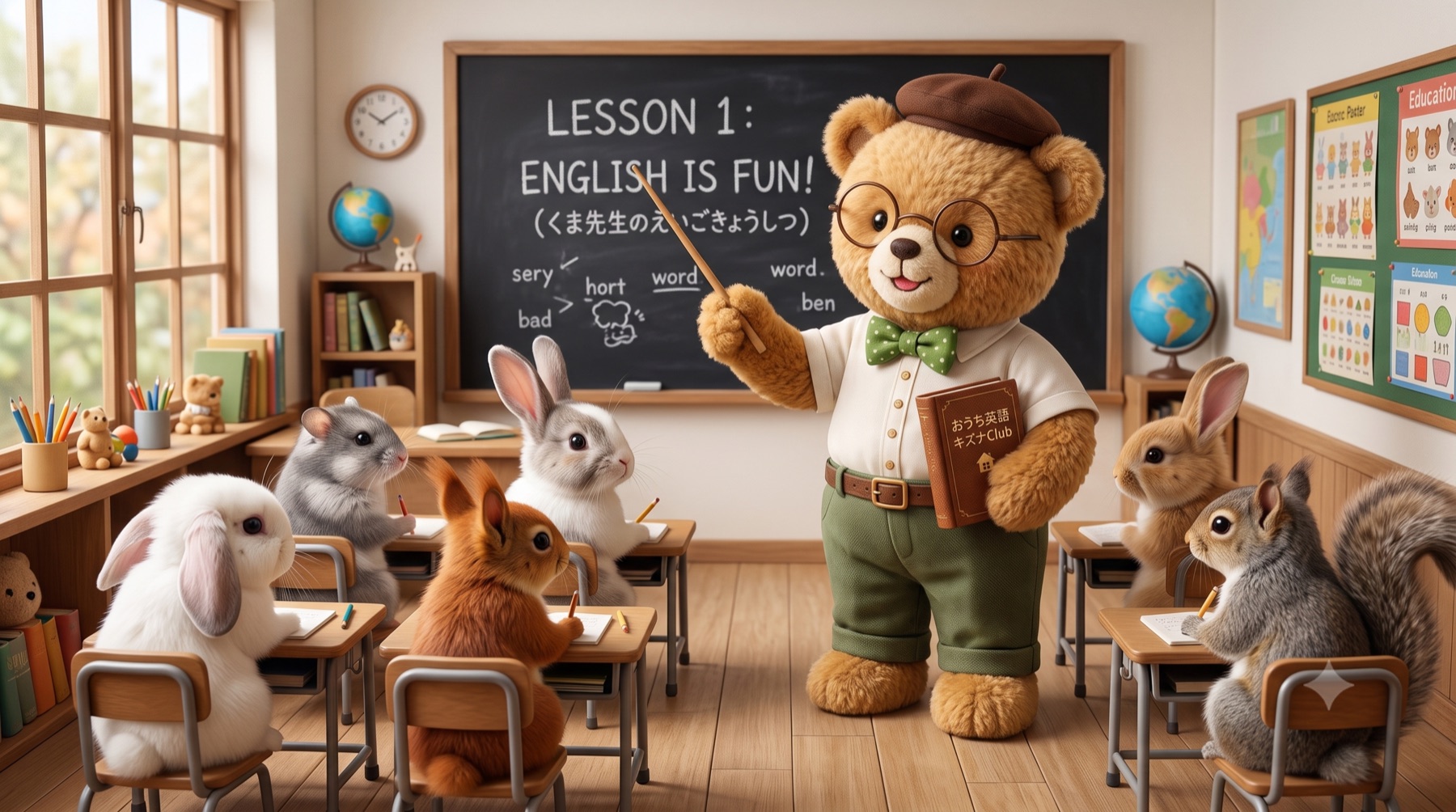 教室で英語を教えるくま先生