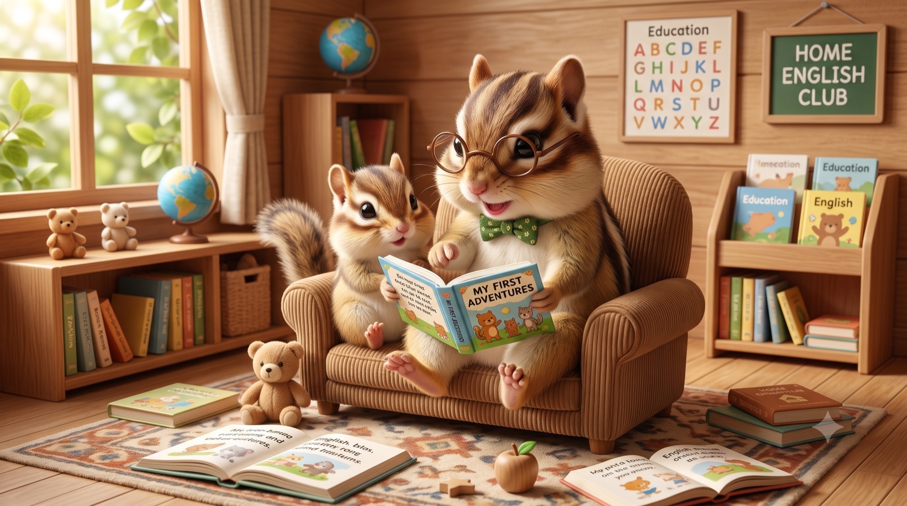 親子で英語絵本を読んでいるリスの親子